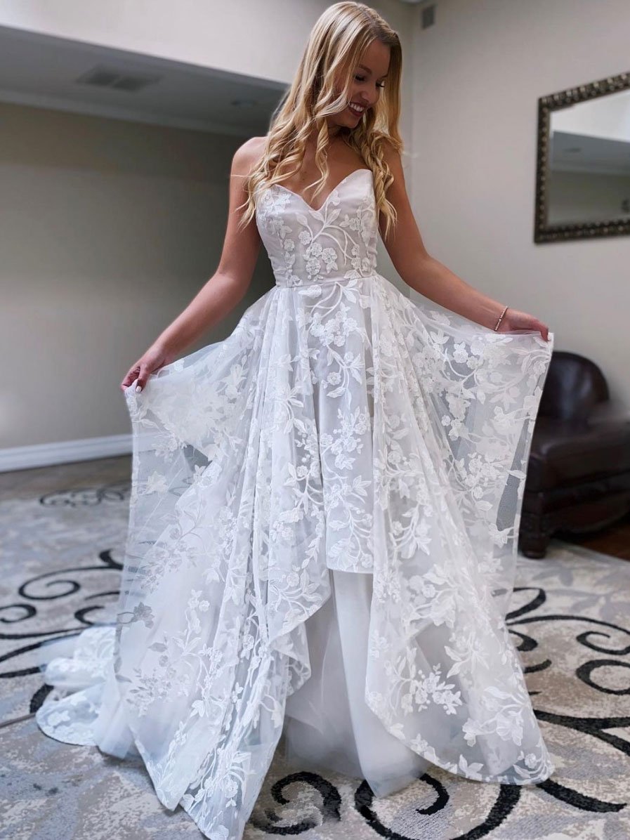 White sweetheart neck lace long prom dress, lace evening dress cg23372