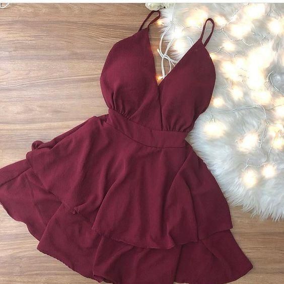 Cute Straps Burgundy Short Party Dress, Simple Homecoming Dress cg23394