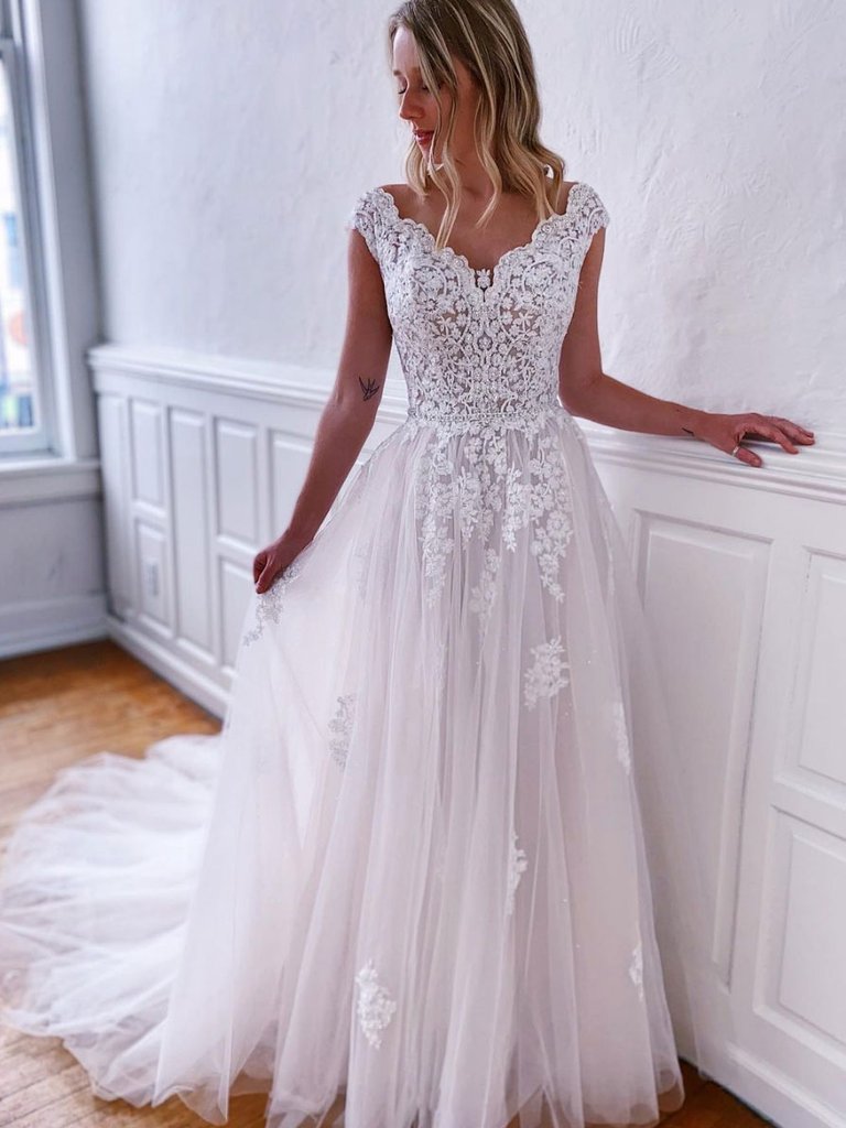 WHITE V NECK TULLE LACE LONG PROM DRESS, WHITE LACE EVENING DRESS cg23426