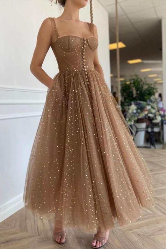 Sparkle Brown Tulle Tea Length Prom Dress cg23439