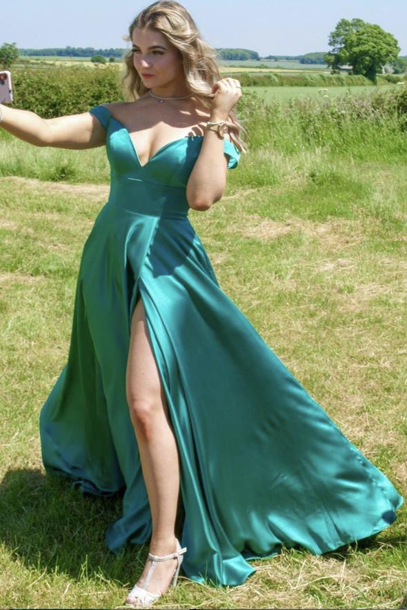 Green satin long A line prom dress simple evening dress cg23451