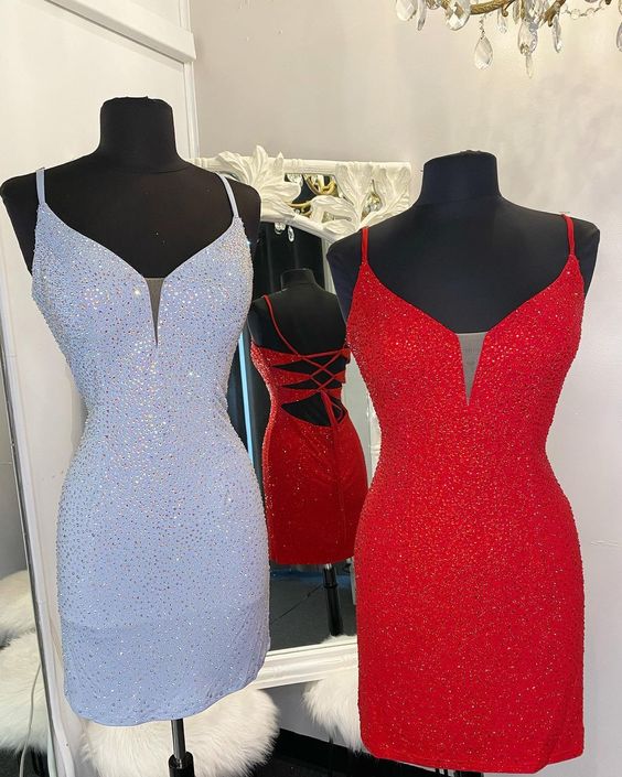 elegant fitted red short homecoming dress with rhinestones cg23466