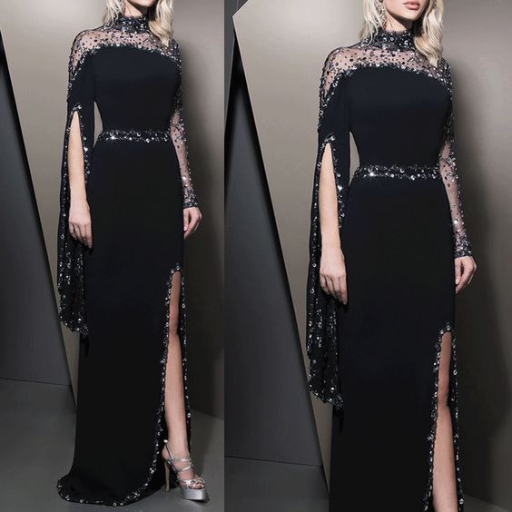 Black Evening Dress, Beaded Evening Dress, High Neck Evening Dress prom dress with long sleeves cg23474
