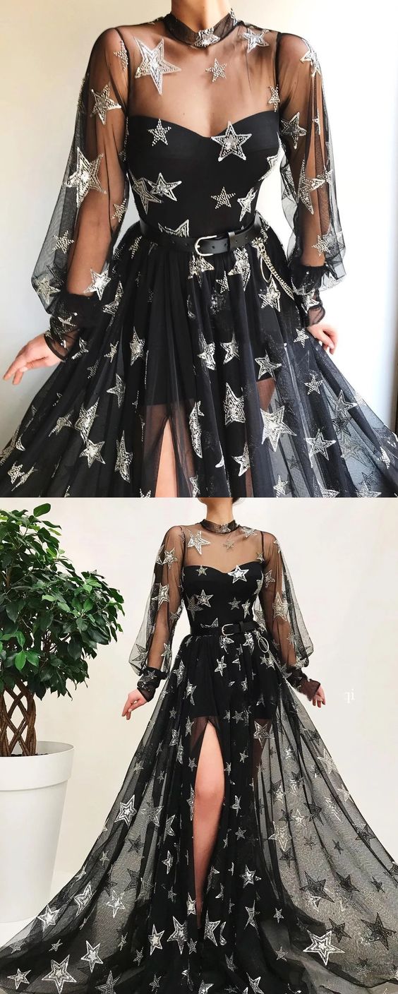 Black High Neck Sparkly Long Sleeve Unique Prom Dress Gorgeous Evening Gowns cg23529