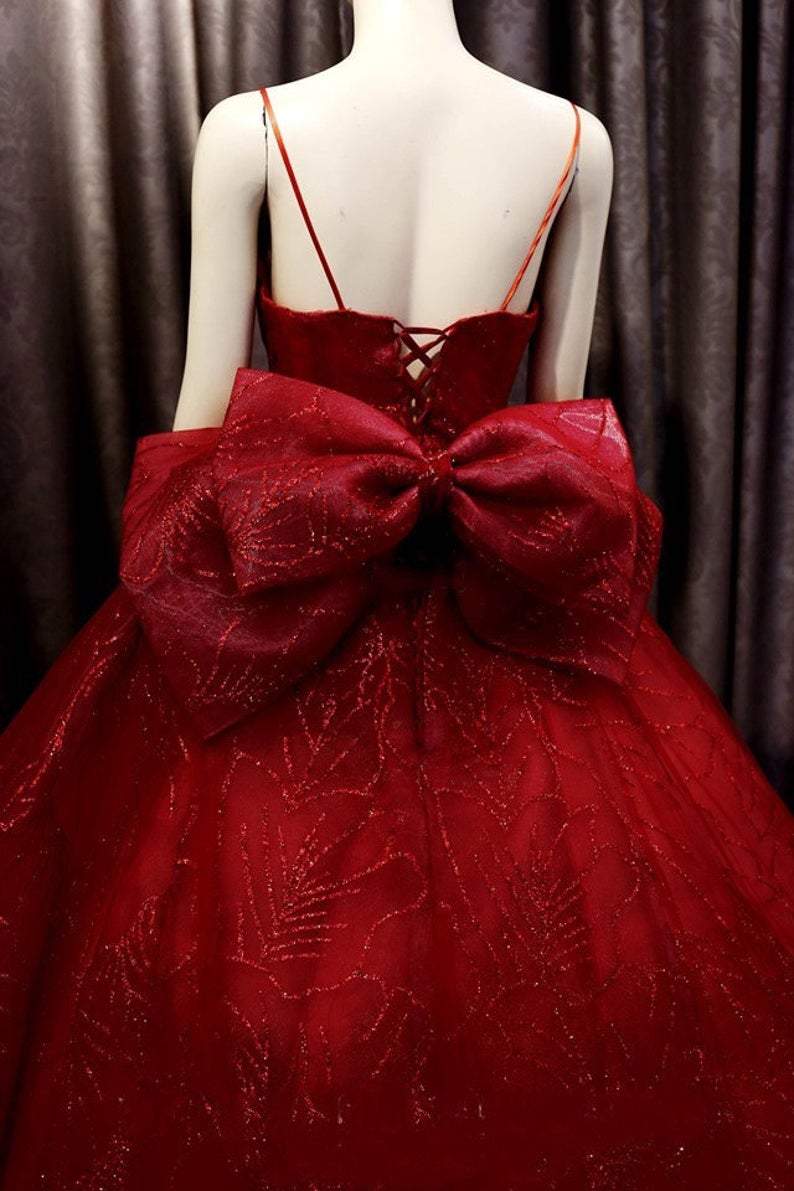 Deep red sparkle beaded thin strap V neck ball gown wedding dress with bow back, sweep train & glitter tulle Prom Dress cg23574
