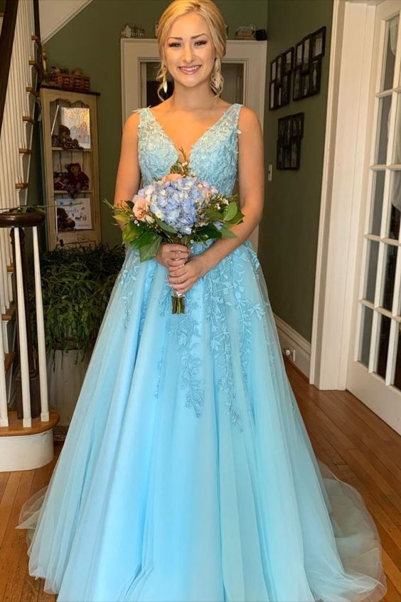classic A-line blue tulle and lace appliques long prom dress with beaded band cg23667