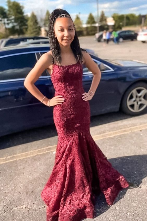 mermaid burgundy lace long prom dress with spaghetti straps cg23710