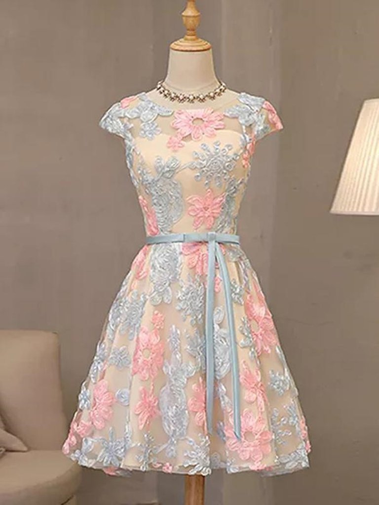 Cap Sleeves Colorful Lace Homecoming Dresses, Short Colorful Lace Formal Evening Dresses cg23715