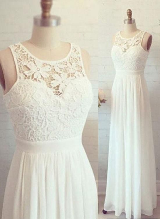 White A line chiffon lace long prom dress, lace evening dress cg23717