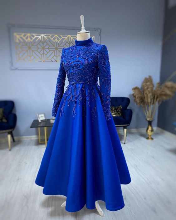 modest blue prom dresses lace emroidery evening dress cg23788