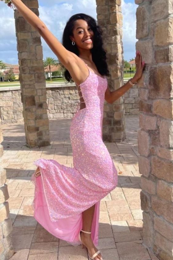 hot pink sequins mermaid long prom dress with side slit and lace up back cg24127