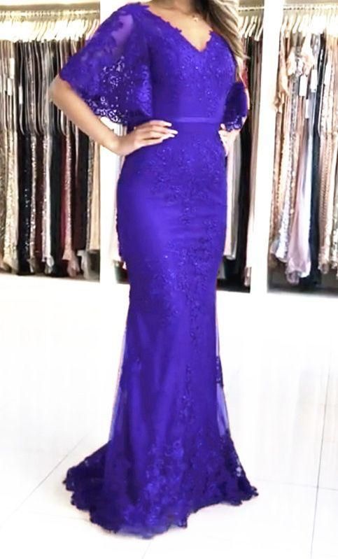 Elegant purple lace mermaid prom dresses with sleeves cg24247