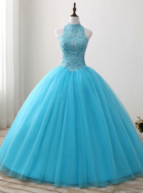 Blue Rulle Lace Appliques High Neck Backless Sweet 15 Dress Prom Dress cg24353