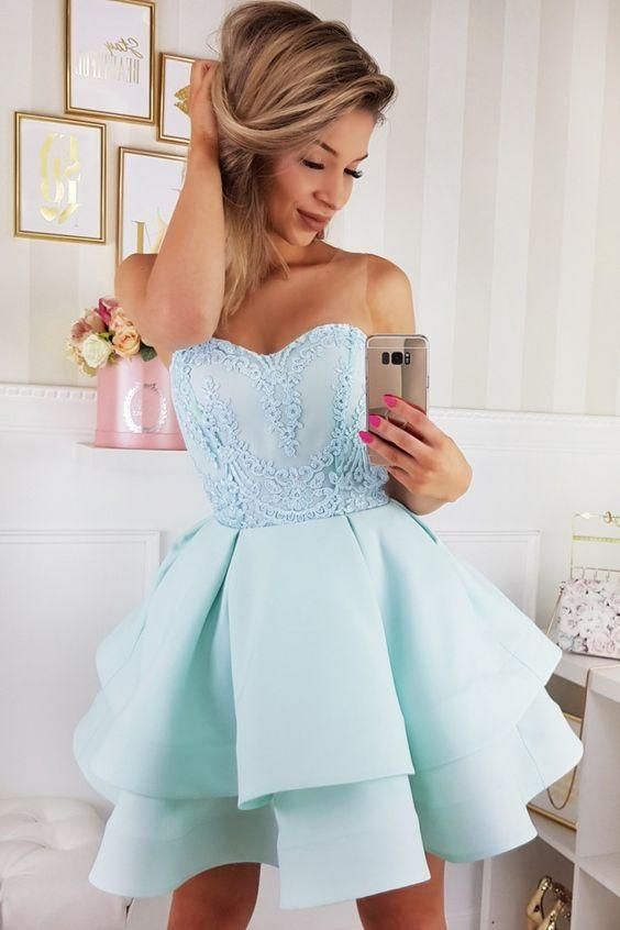 A-Line Sweetheart Short Tiered Satin Homecoming Dress with Appliques cg24610