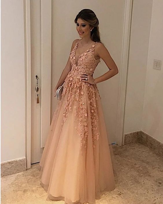 Champagne v neck tulle beaded long prom dress, evening dress cg24662