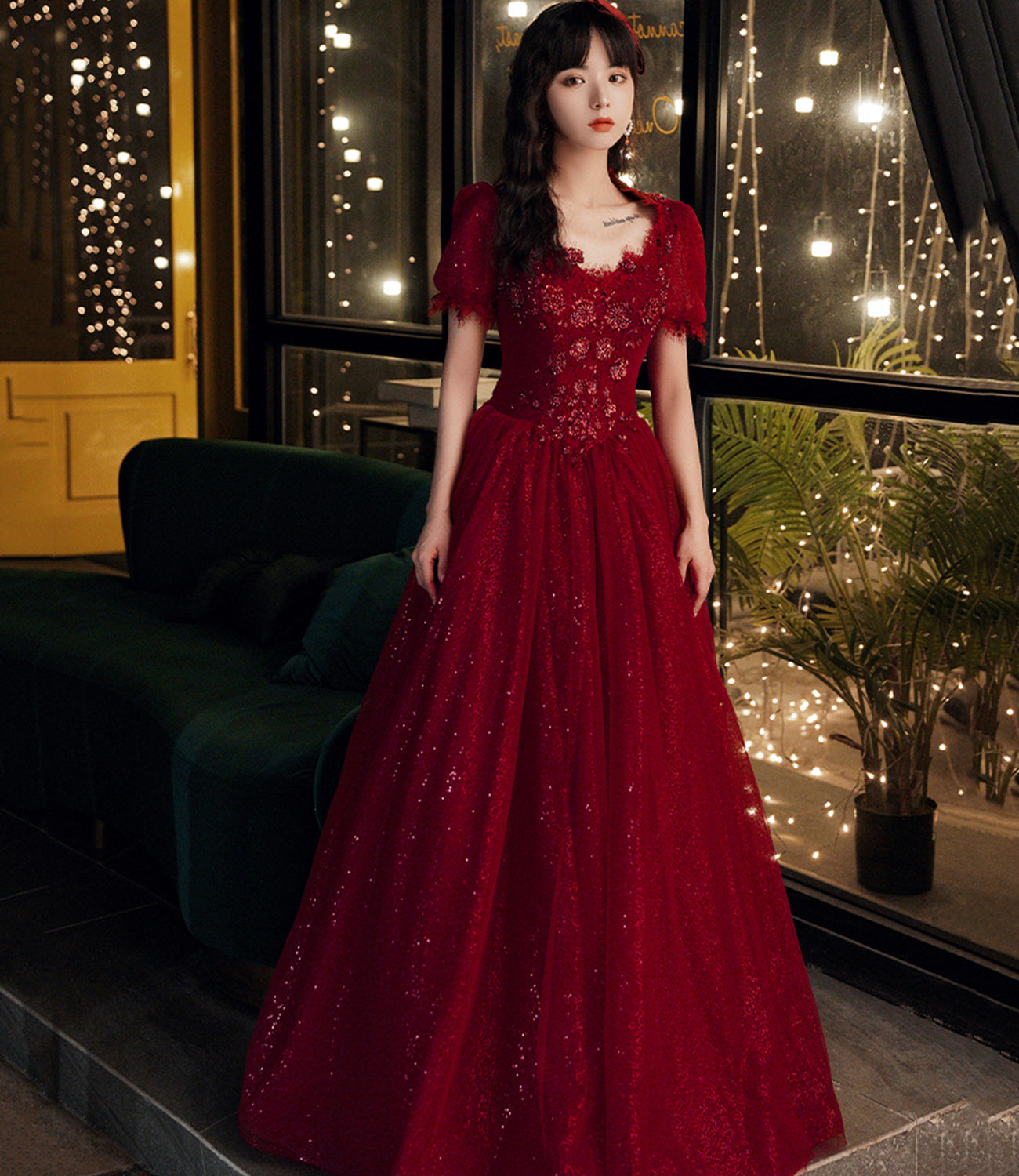 BURGUNDY LACE LONG A LINE PROM DRESS FORMAL DRESS cg24694