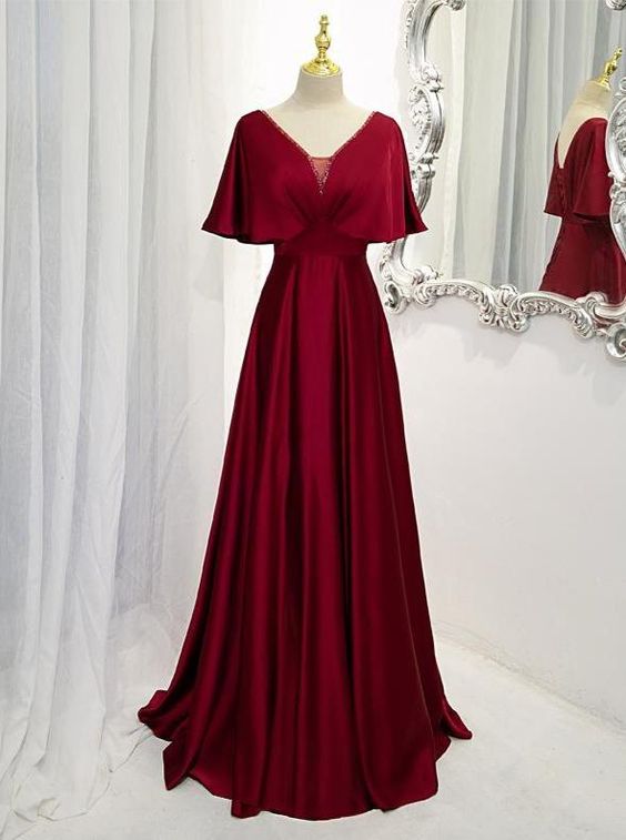 Dark Red Satin A-line Floor Length Evening Prom Dress, Wine Red Wedding Party Dresses cg24707