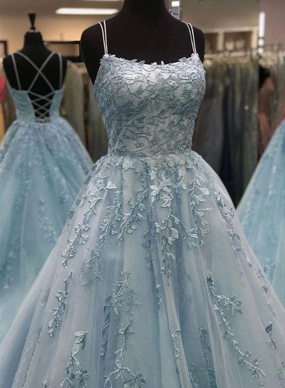 Vestido largo de fiesta con encaje de tul azul, vestidos de noche azules