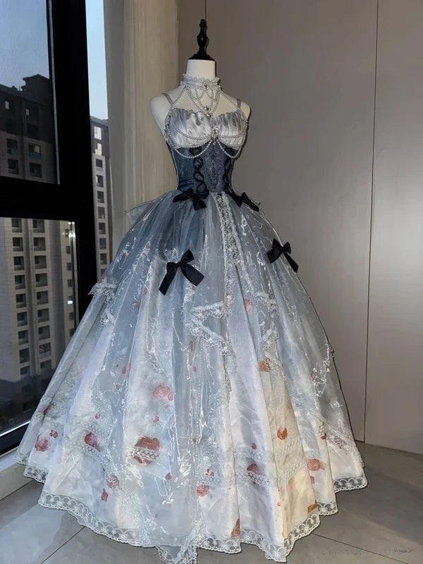 Hermoso vestido de noche de quinceañera con tirantes finos de tul y encaje azul claro, corte A, TP4290
