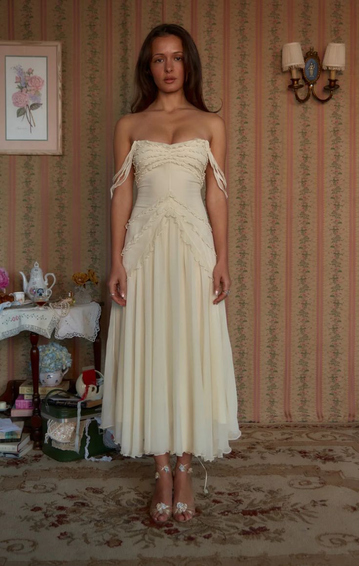 Cute A Line Off the Shoulder Ivory Chiffon Ruffle Prom Dress Graduation Prom Dress SH2583