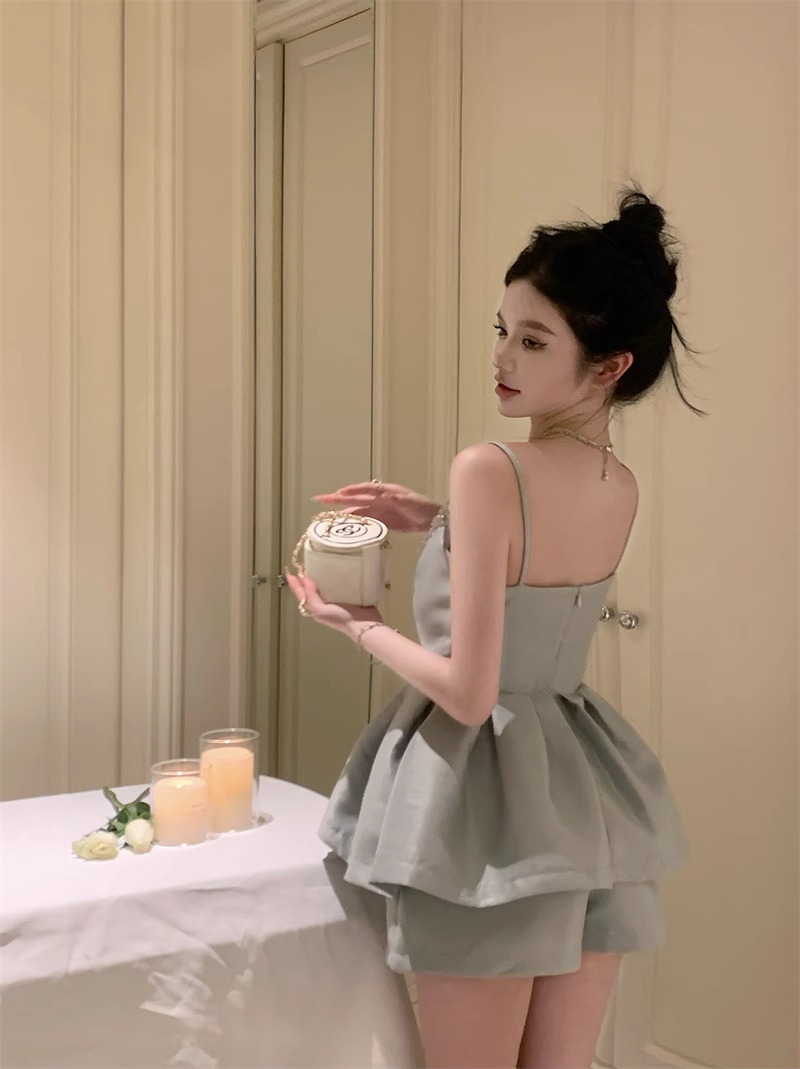 Cute Fashion Gray Spaghetti Strap Design A-line Satin Party Dress Homecoming Dress TP3817