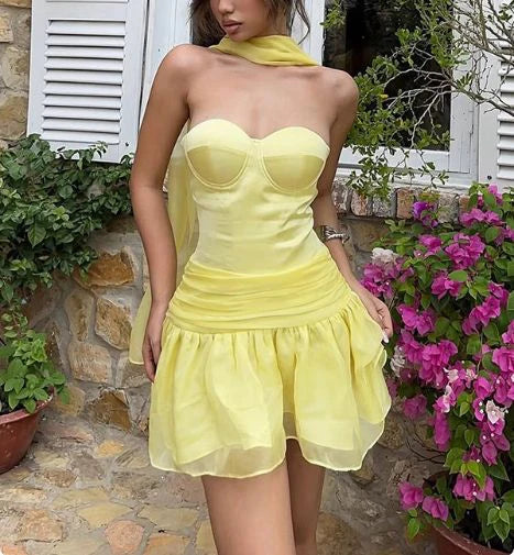 Yellow A Line Sweetheart Neck Satin Chiffon Mini Homecoming Dress Cocktail Dress SH3722