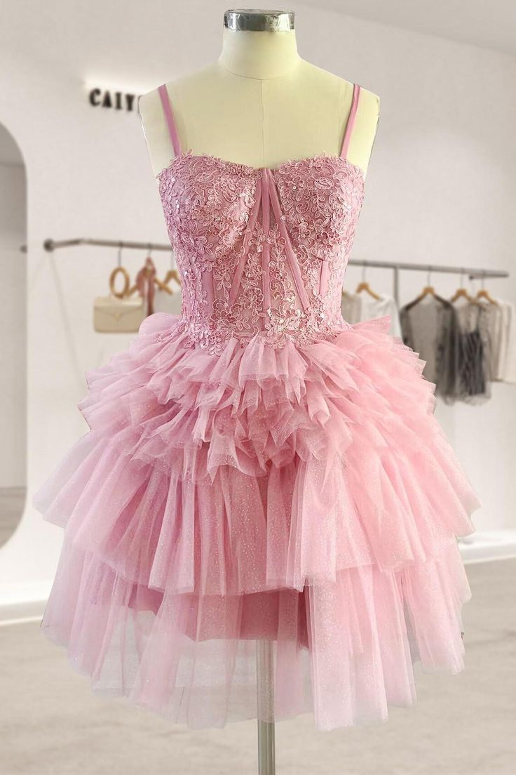 Vestido de fiesta de tul con diseño de corsé rosa y tirantes finos, con capas, TP3761