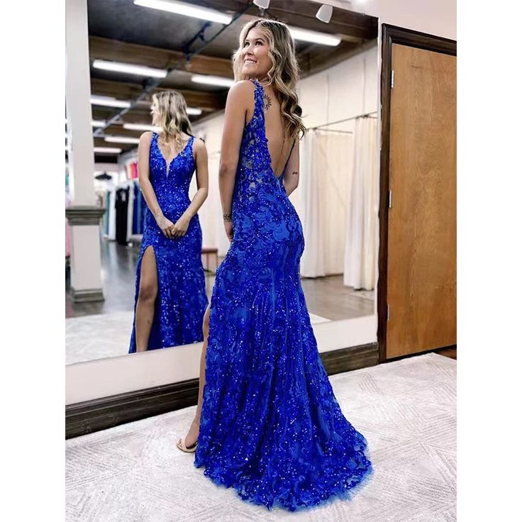 Blue/red fashion shiny v neck sleeveless floor length elegant sexy slit prom dress evening gown party dress gh2917