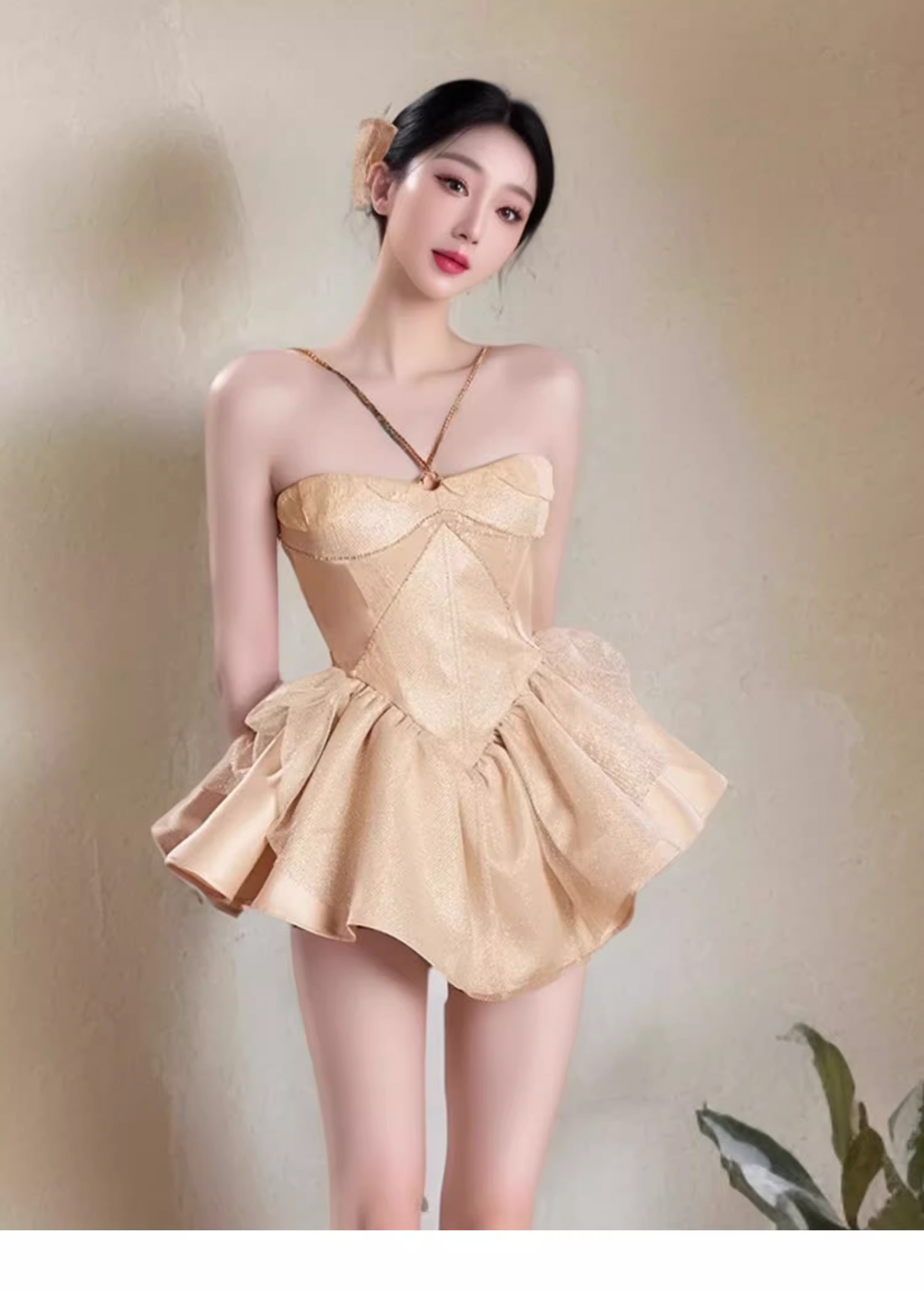 Vestido vintage dorado con cuello halter, corte A, de satén con volantes en el bajo, para fiesta de bienvenida, TP3831