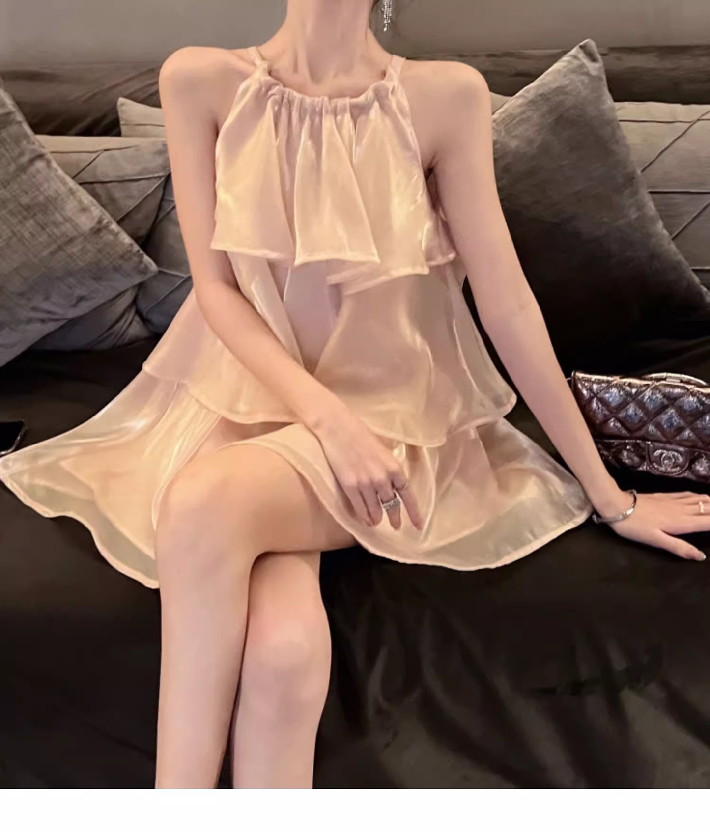 Vestido de fiesta de tul champán sin mangas y escalonado, TP3768