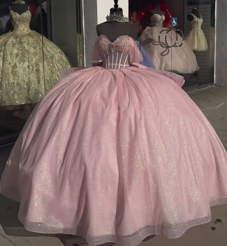 Vestido de quinceañera largo de tul rosa con hombros descubiertos, estilo princesa, para 15 años, DH1856