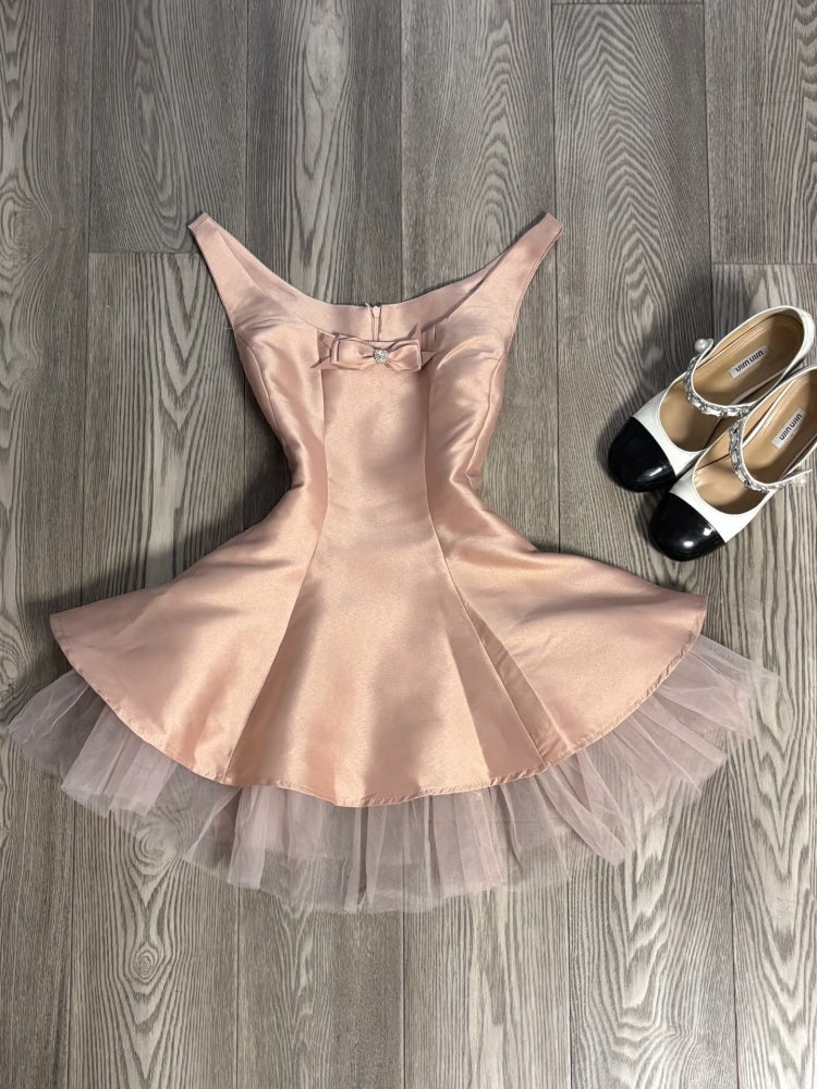Vestido corto de cóctel de satén rosa con escote en A, corte en A, para escuela secundaria, DH2082