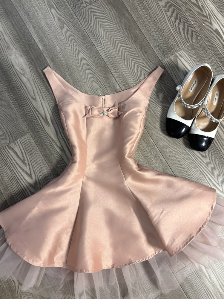 Vestido corto de cóctel de satén rosa con escote en A, corte en A, para escuela secundaria, DH2082