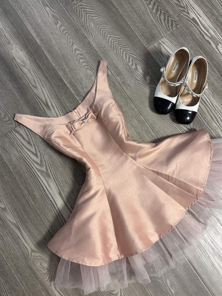 Vestido corto de cóctel de satén rosa con escote en A, corte en A, para escuela secundaria, DH2082