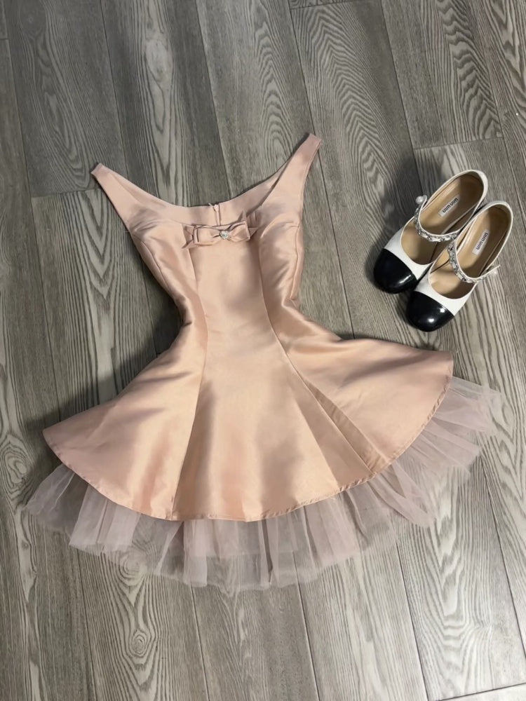 Vestido corto de cóctel de satén rosa con escote en A, corte en A, para escuela secundaria, DH2082
