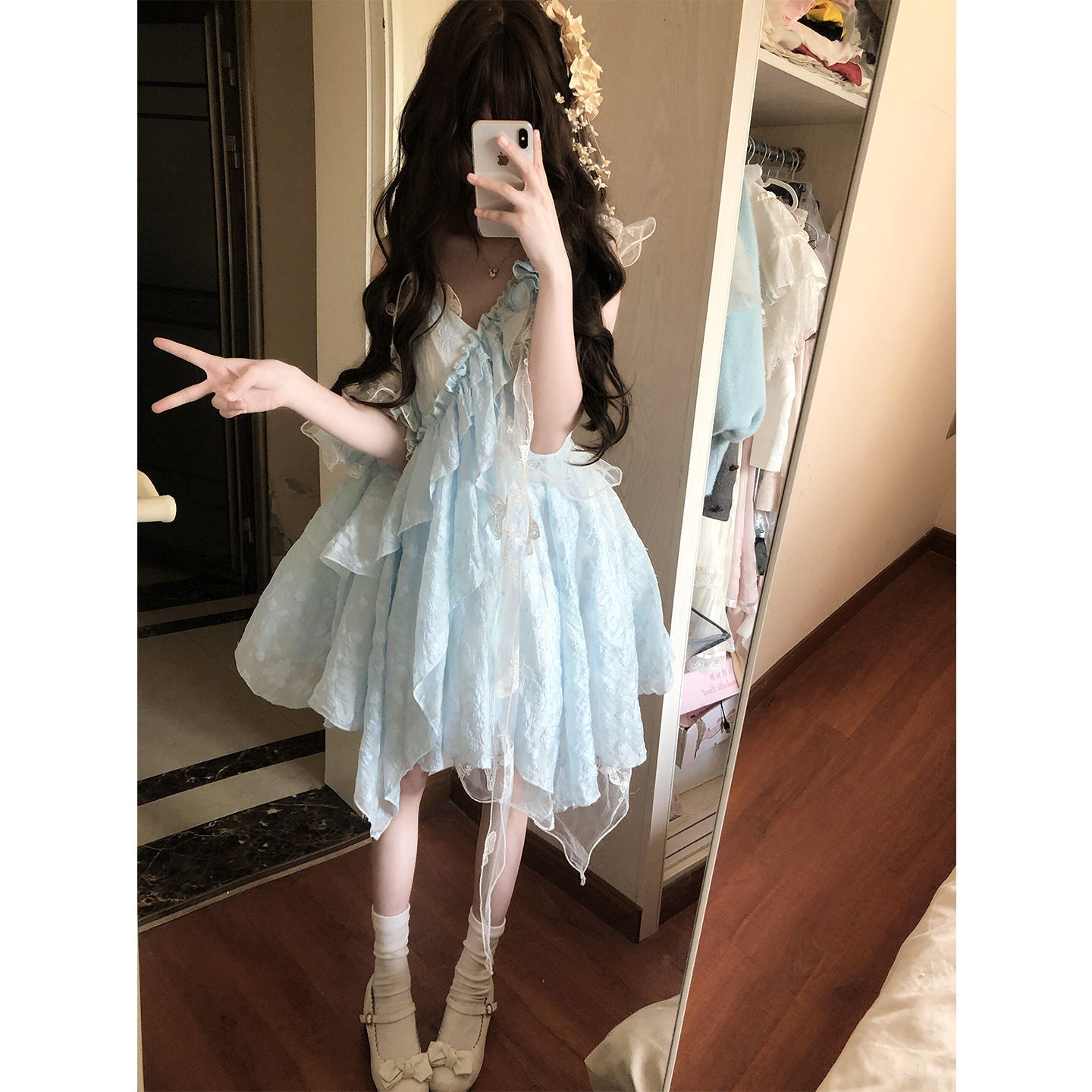 Vestido de fiesta con tirantes finos y encaje azul claro para verano, vestido de lolita para 18 cumpleaños, atuendo de lolita DH2404