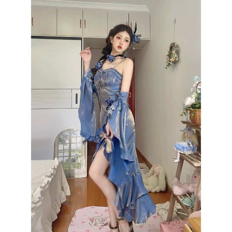 Vestido largo de verano estilo sirena con tirantes finos, estilo lolita, para 19 cumpleaños, estilo vintage, DH2413