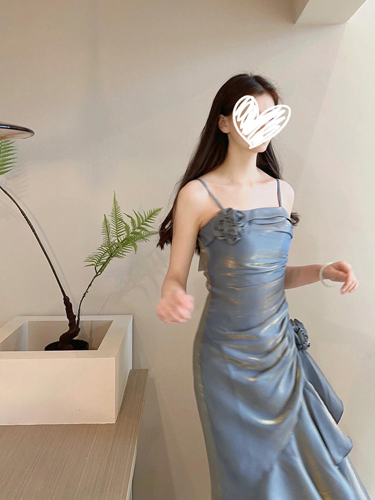 Vestido largo de sirena vintage con tirantes finos en azul para verano, ideal para fiestas de cumpleaños de 18 años, vestidos de noche DH2418