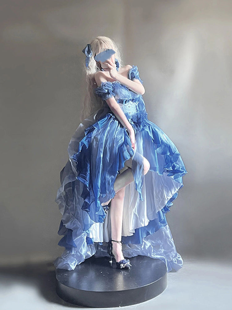 Vestido de fiesta vintage con hombros descubiertos y media manga para 21 cumpleaños, vestido lolita azul largo, DH2423