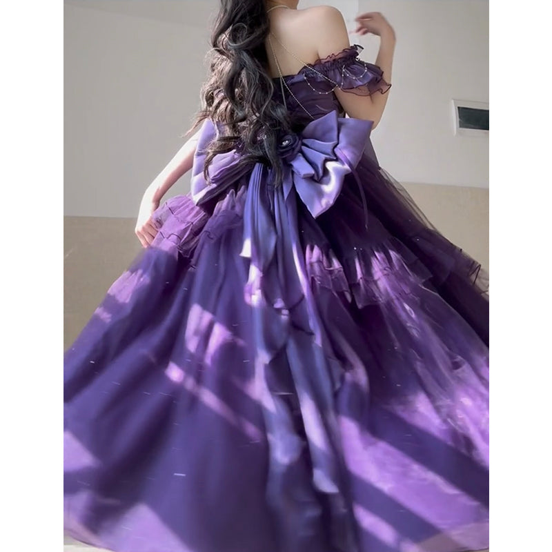 Vestido de fiesta vintage con hombros descubiertos, tul color uva, para 22 cumpleaños, vestido lolita largo, atuendos lolita DH2441