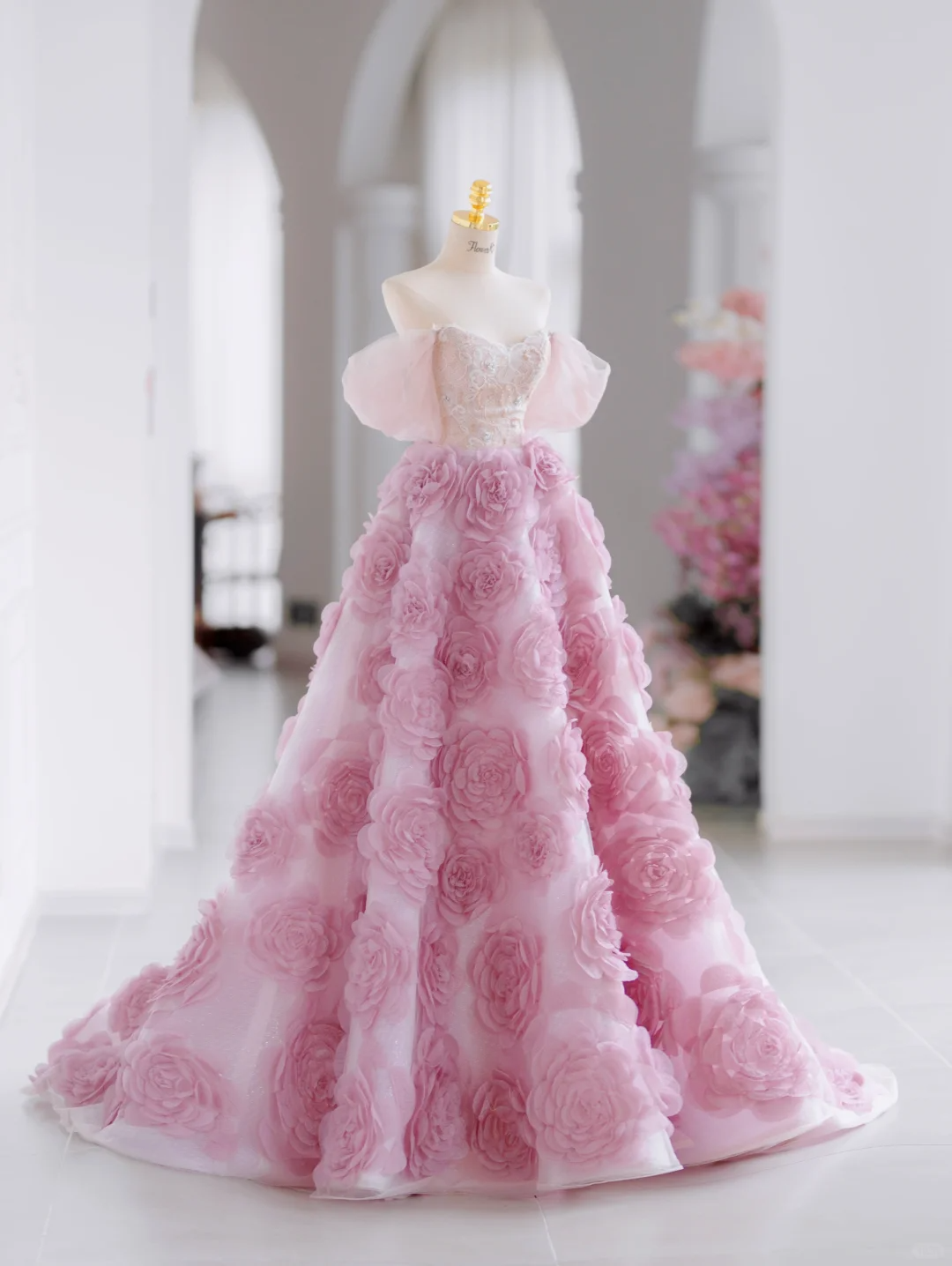 Hermoso vestido de fiesta largo de tul rosa con hombros descubiertos y estampado floral, vestido de noche formal especial, vestido de graduación H2797