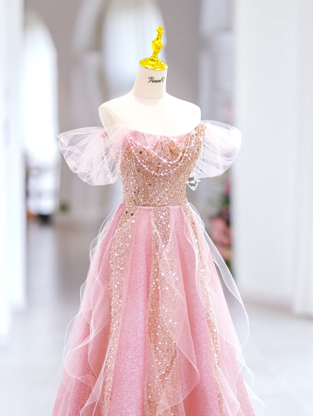 Hermoso vestido de noche largo de tul rosa con lentejuelas y hombros descubiertos, corte A, para fiesta, vestido de noche, vestido formal especial, vestido de graduación DH2798