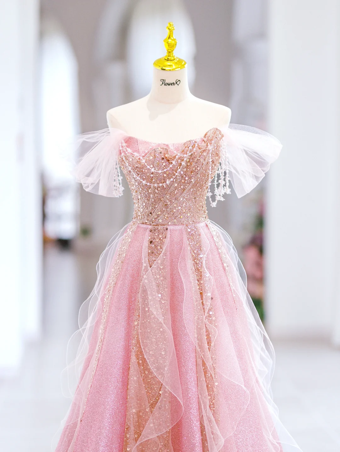 Hermoso vestido de noche largo de tul rosa con lentejuelas y hombros descubiertos, corte A, para fiesta, vestido de noche, vestido formal especial, vestido de graduación DH2798