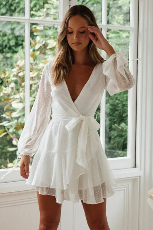 Vestido de fiesta vintage blanco con escote en V, corte A, corto, para cóctel y regreso a casa, TP4451