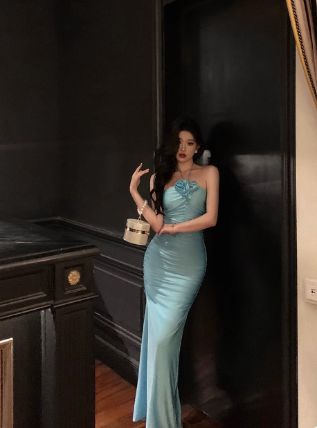Elegant Sheath Halter Blue Sleeveless 21st Birthday Dress Party Gown Birthday Outfits Birthday Dress Ideas For Women DP1386