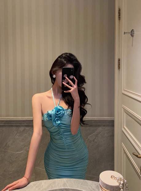 Elegant Sheath Halter Blue Sleeveless 21st Birthday Dress Party Gown Birthday Outfits Birthday Dress Ideas For Women DP1386