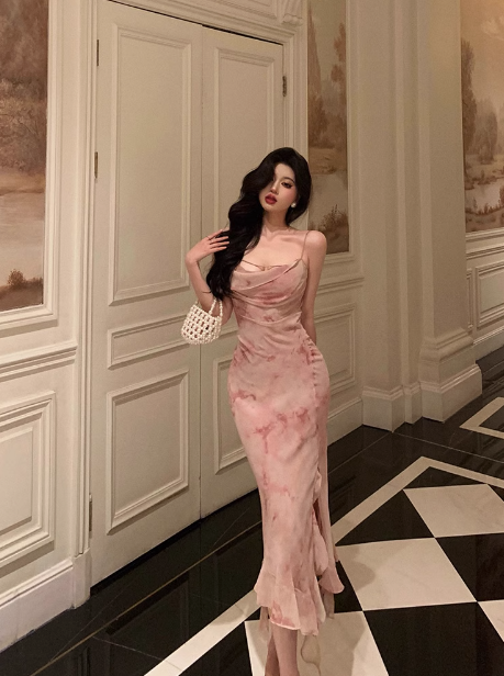 Vestido elegante de sirena con tirantes finos, estampado floral rosa, sin mangas, para fiesta de cumpleaños número 21, ideas para vestidos de cumpleaños para mujeres (DP1394)