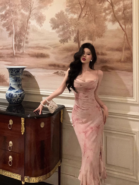 Vestido elegante de sirena con tirantes finos, estampado floral rosa, sin mangas, para fiesta de cumpleaños número 21, ideas para vestidos de cumpleaños para mujeres (DP1394)