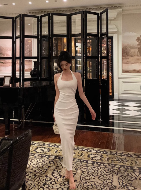 Elegante vestido blanco de fiesta para 21 cumpleaños, con cuello halter, ideal para mujeres (DP1419)