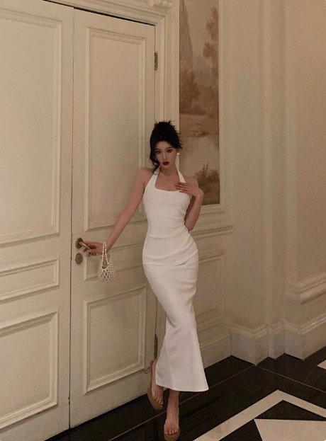Elegante vestido blanco de fiesta para 21 cumpleaños, con cuello halter, ideal para mujeres (DP1419)